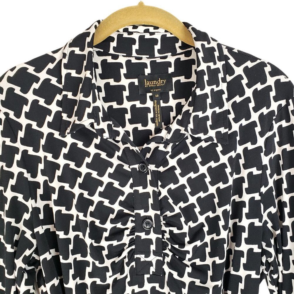 Laundry Shelli Segal Shirt Dress Black White Blue Geometric 3/4 Sleeve Size 10 - Picture 7 of 7